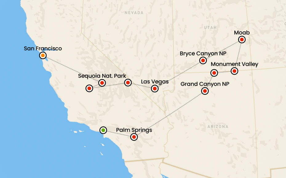 itinerario in pullman california nevada utah e arizona