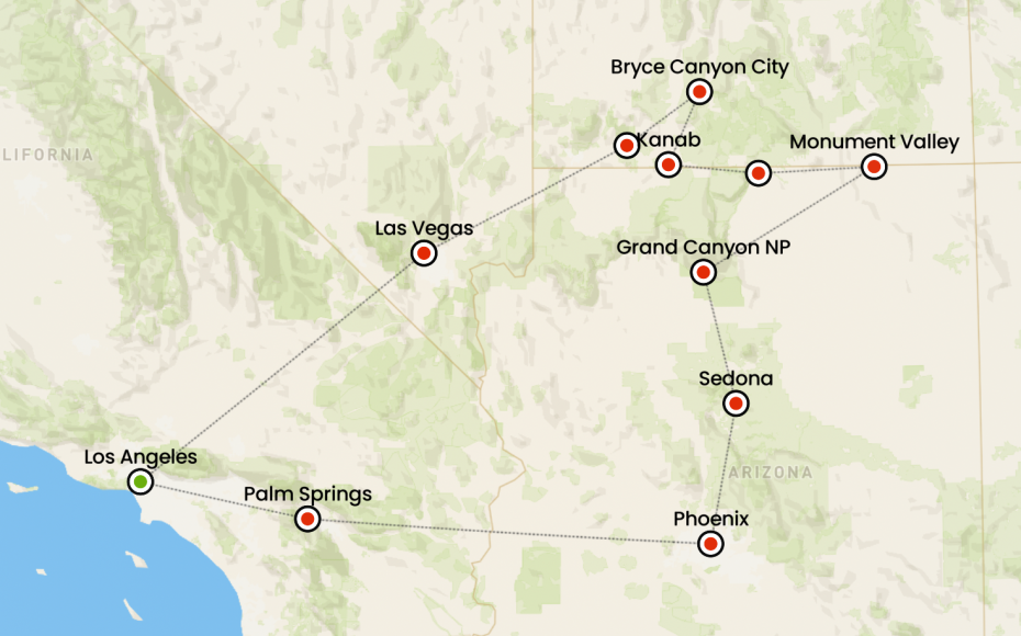 itinerario in pullman da los angeles in arizona utah e las vegas