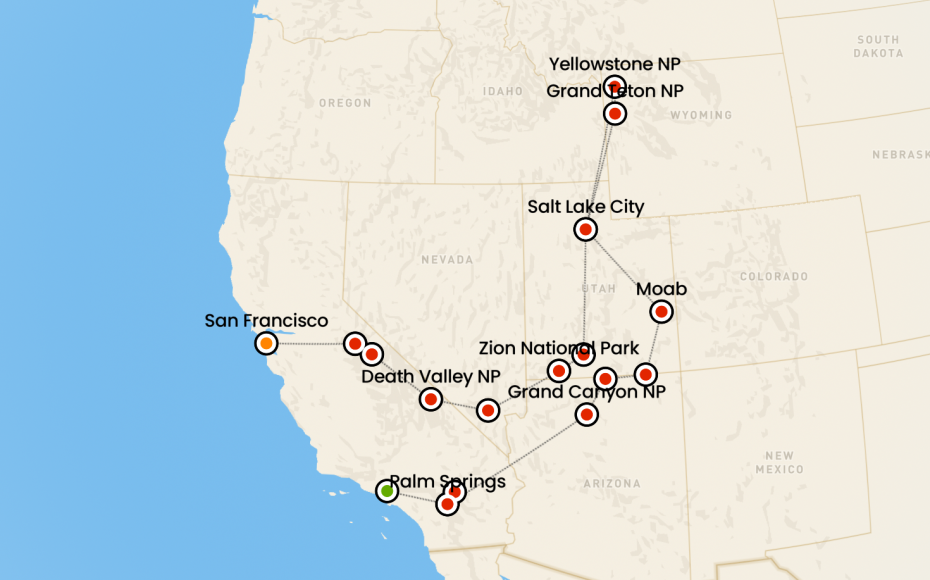 itinerario in pullman in california nevada utah wyoming e arizona