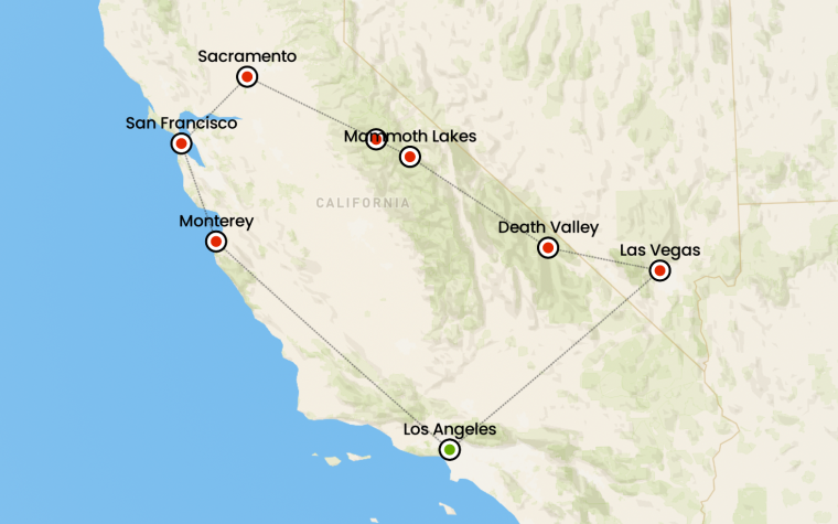 itinerario tour in pullman california e las vegas