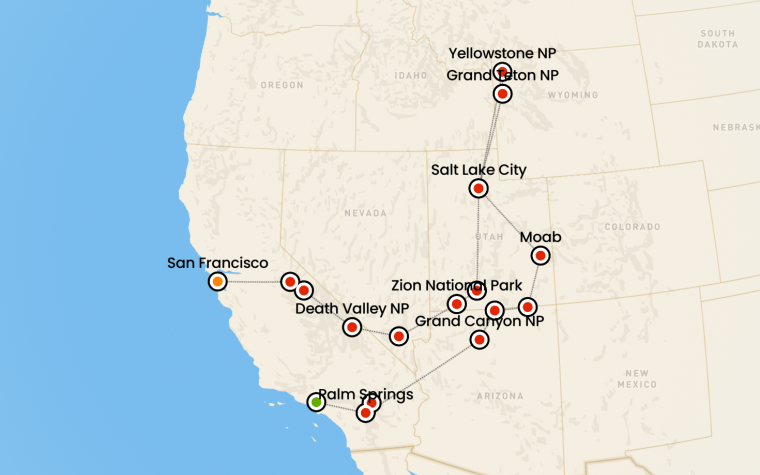 itinerario in pullman in california nevada utah wyoming e arizona