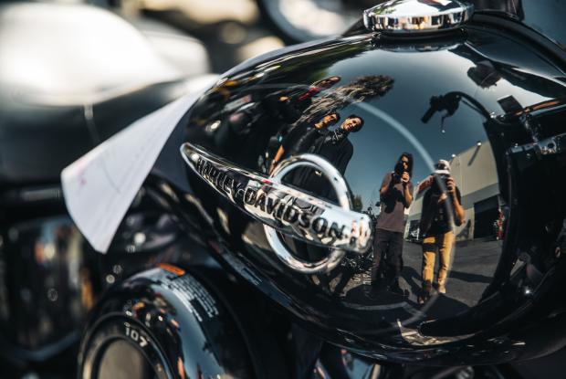 primo piano di della scritta harley davidson su moto