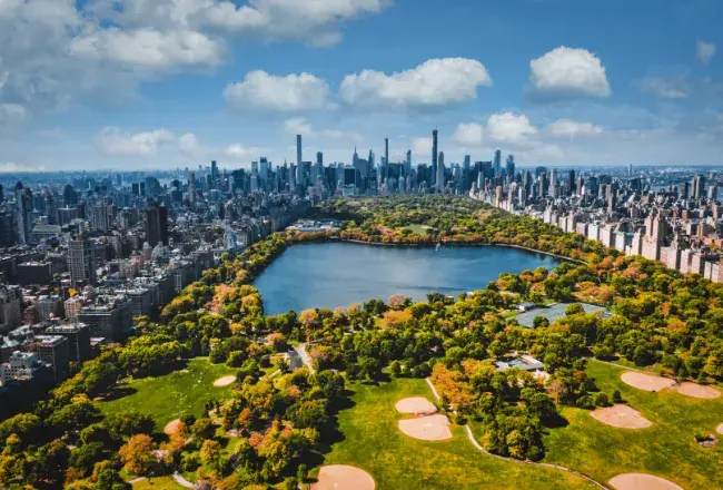 Vista aerea di Central Park in autunno con il laghetto circondato da alberi verdi e dorati e lo skyline dei grattacieli di Midtown Manhattan che si erge sullo sfondo sotto un cielo azzurro